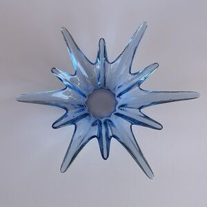 Vintage mid century modern glass star burst candle holder ice blue